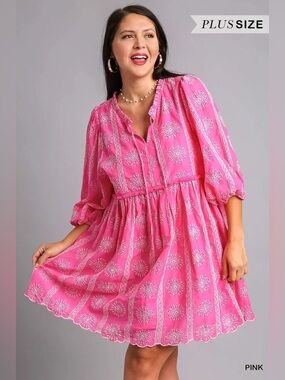 Umgee Plus Size Pink Embroidered Babydoll Scalloped Hem Mini Summer Dress